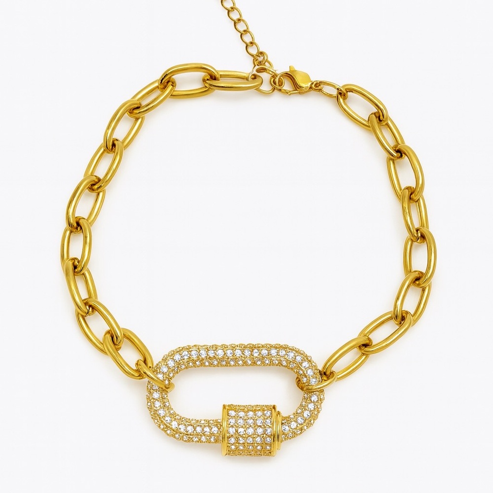 NEW 18K GOLD PLATED STATEMENT CARABINER BRACELET WITH PAVÉ DETAIL